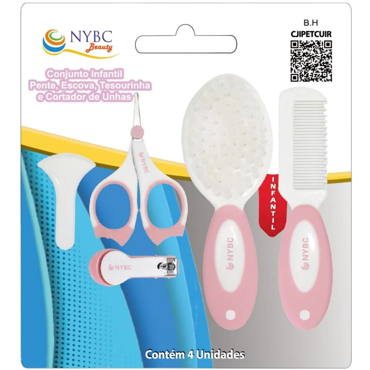 KIT PENTE, ESCOVA, TESOURA, CORTADOR DE UNHAS BABY ROSA NYBC