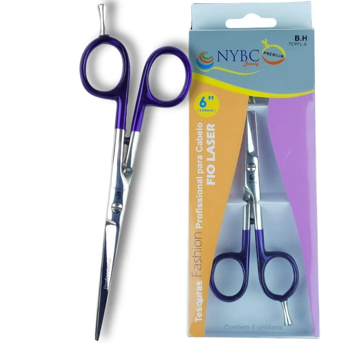 TESOURA CABELO PROFISSIONAL CABO ROXO FIO LASER 6" INOX 420