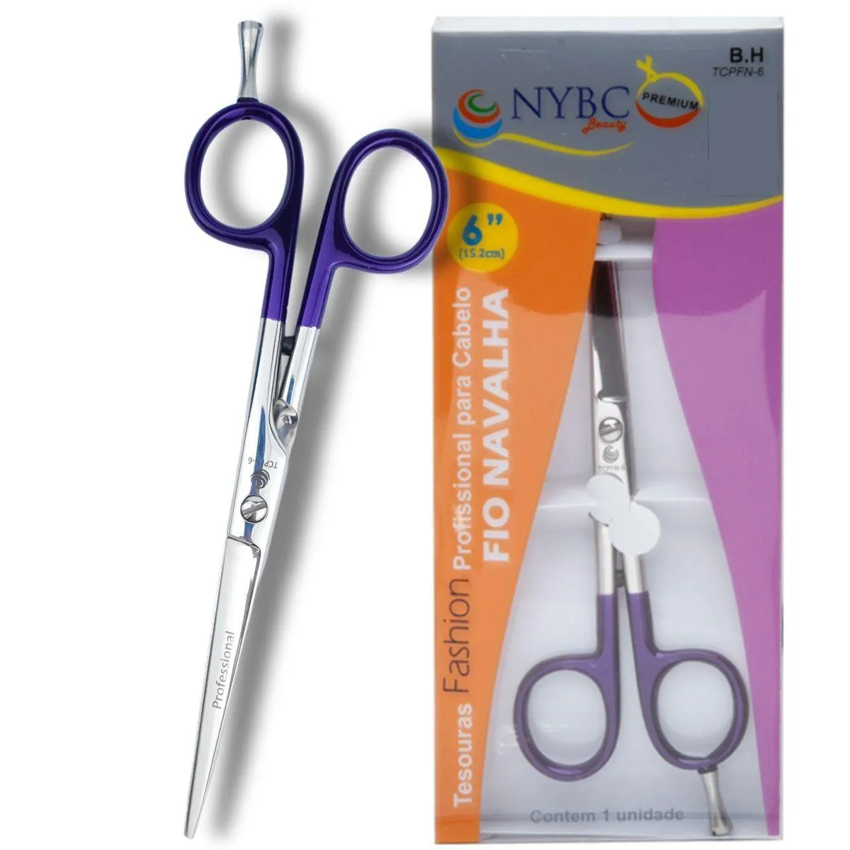 TESOURA CABELO PROFISSIONAL CABO ROXO FIO NAVALHA 6" NYBC