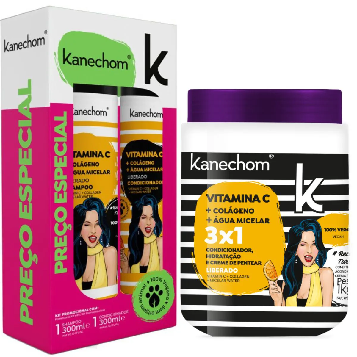 SHAMPOO E CONDICIONADOR KANECHOM VITAMINA C + CREME DE TRATAMENTO