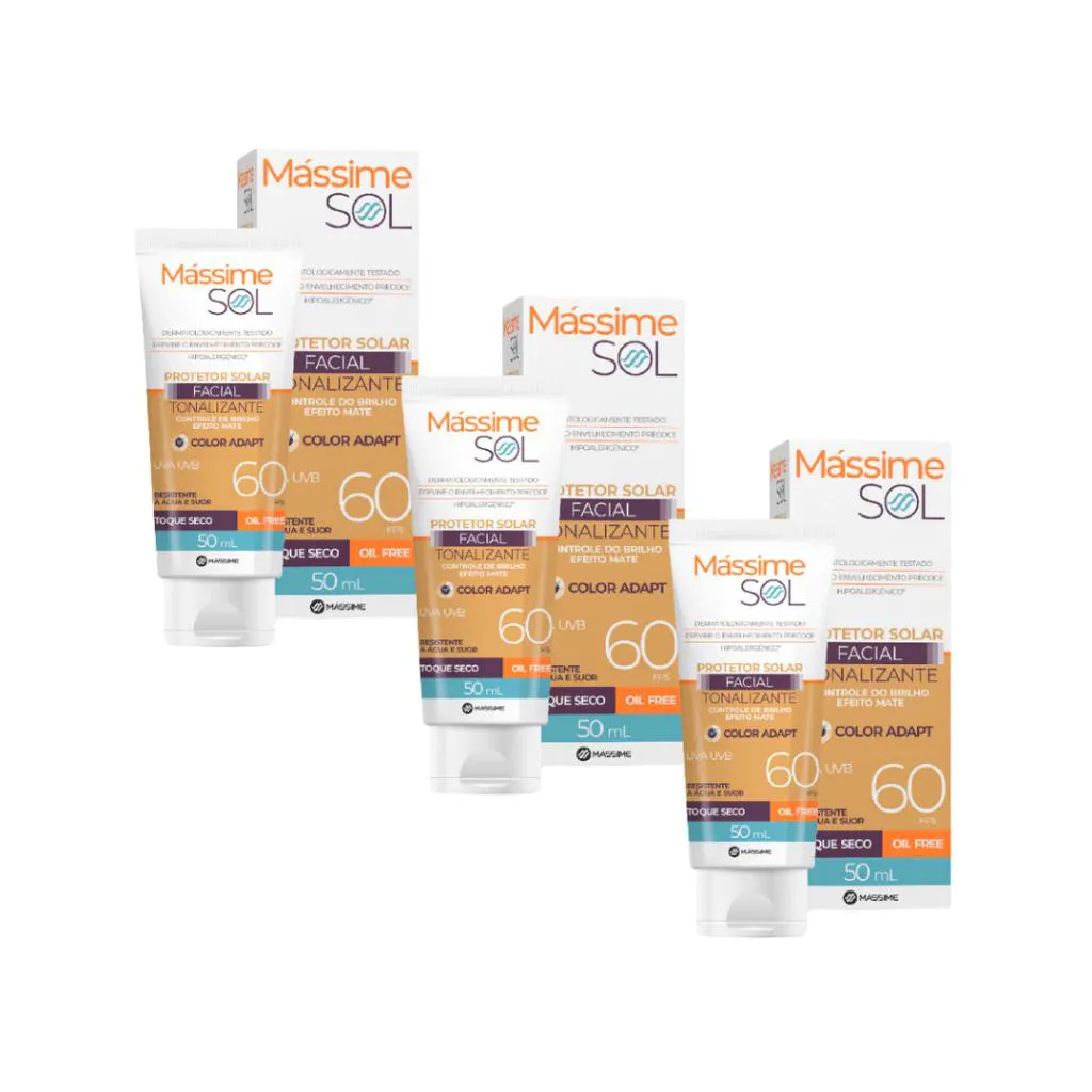 3X PROTETOR SOLAR FACIAL FPS 60 -COM COR EFEITO MATE MASSIME