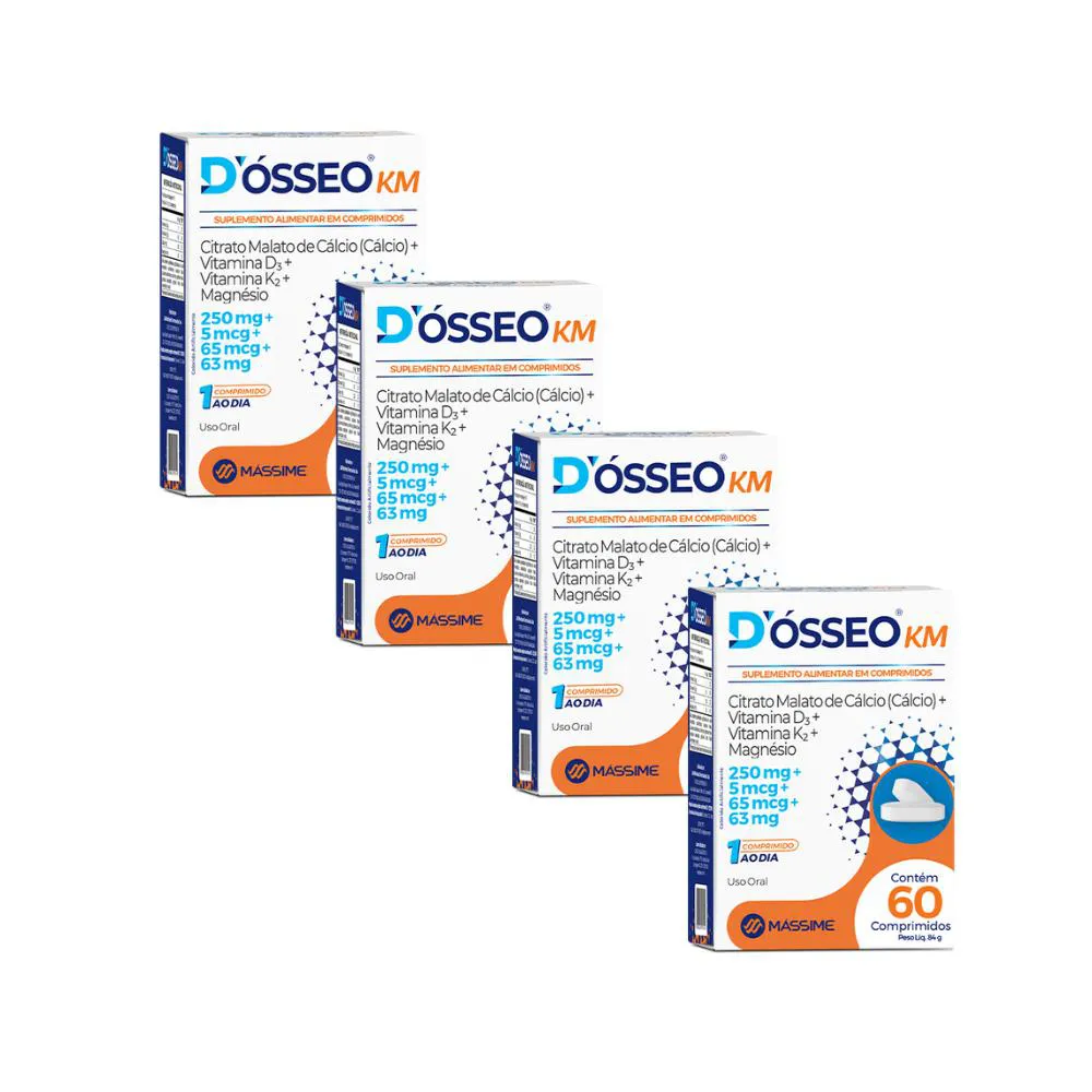 KIT 4X DOSSEO KM 60 CáPSULAS - CáLCIO + MAGNéSIO + D3 E K2 - MASSIME