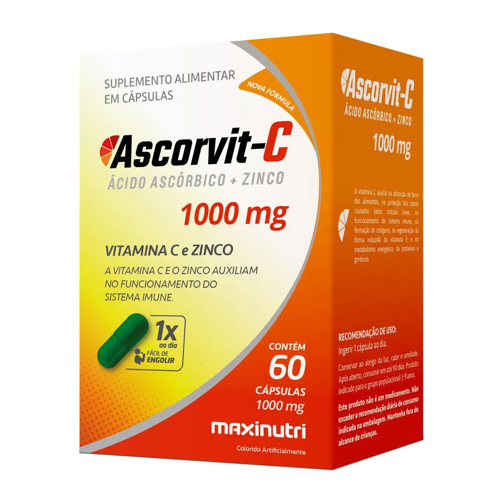ASCORVIT ÁCIDO ASCóRBICO VITAMINA C E ZINCO 60 CáPULAS MAXINUTRI
