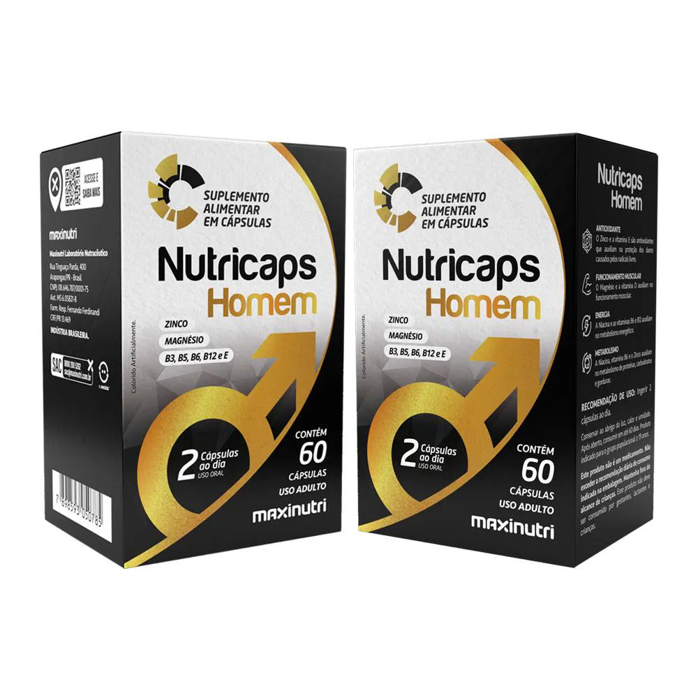 KIT 2 NUTRICAPS HOMEM ZINCO MAGNéSIO E VITAMINAS 60 CáPS MAXINUTRI