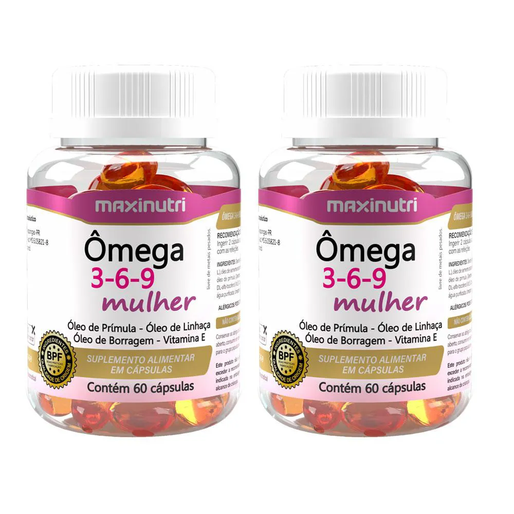 KIT 2 ÔMEGA 3-6-9 PRíMULA LINHAçA BORRAGEM VITAMINA E 60 CáPS MAXINUTRI