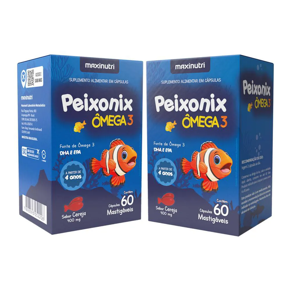 KIT 2 PEIXONIX ÔMEGA 3 KIDS INFANTIL MASTIGáVEL SABOR CEREJA 60 CáPS MAXINUTRI