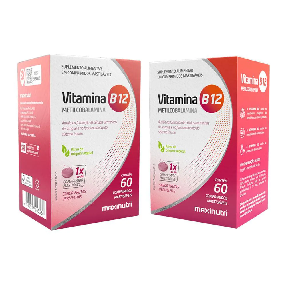 KIT 2 VITAMINA B-12 METILCOBALAMINA MASTIGáVEL 60 COMPRIMIDOS MAXINUTRI