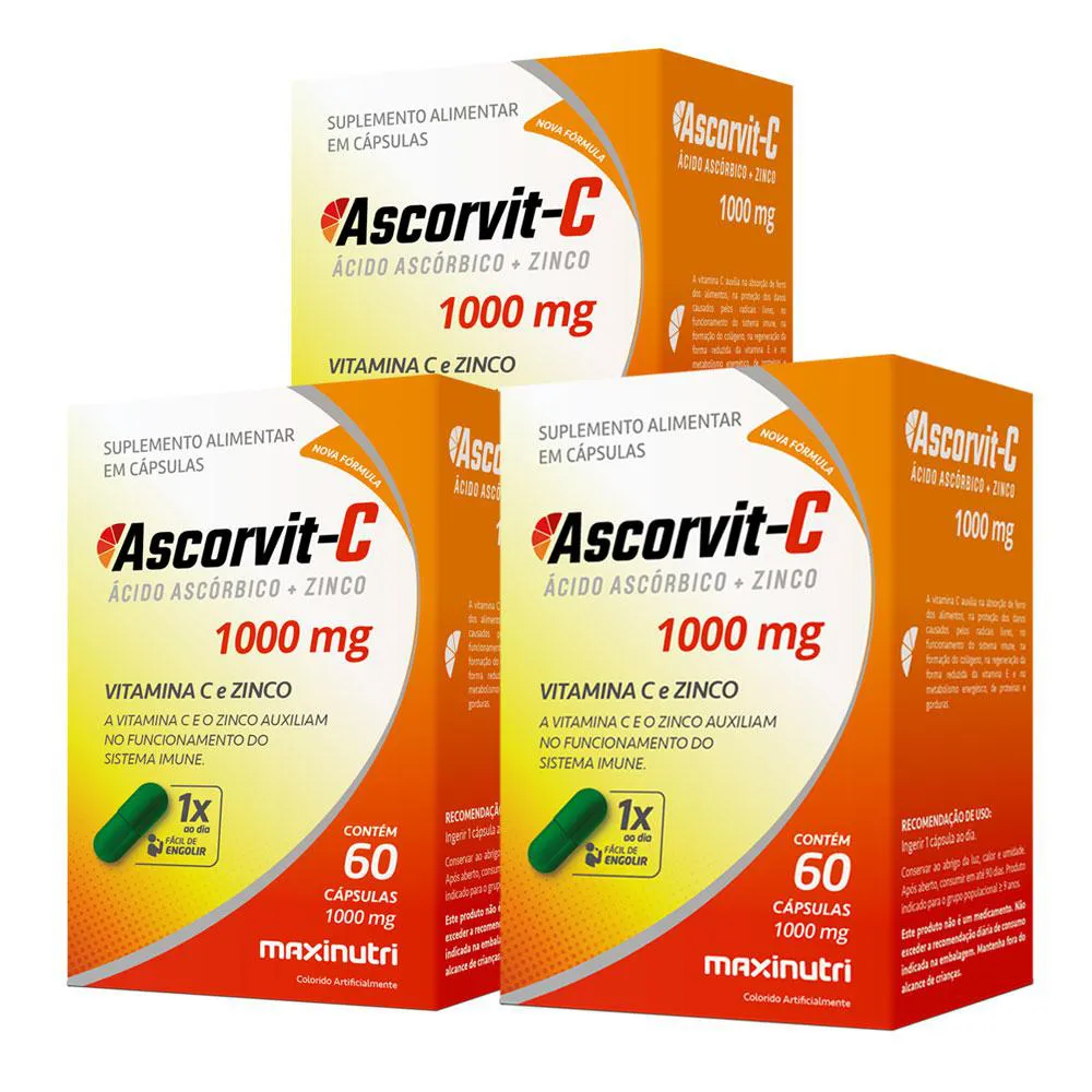 KIT 3 ASCORVIT ÁCIDO ASCóRBICO VITAMINA C E ZINCO 60 CáPULAS MAXINUTRI