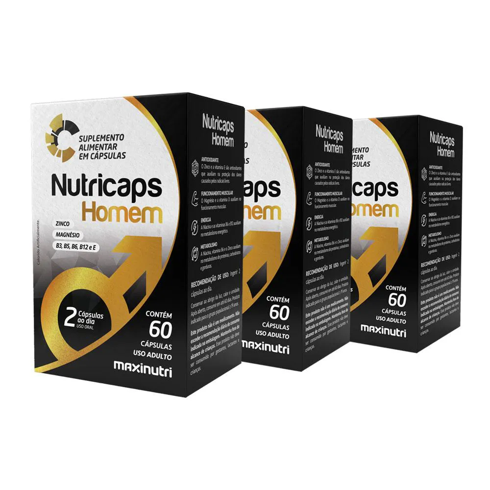 KIT 3 NUTRICAPS HOMEM ZINCO MAGNéSIO E VITAMINAS 60 CáPS MAXINUTRI