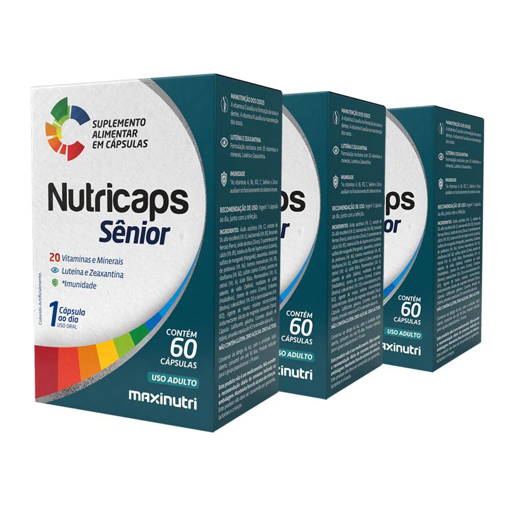 KIT 3 NUTRICAPS SêNIOR VITAMINAS E MINERAIS LUTEíNA ZEAXANTINA 60 CáPS MAXINUTRI