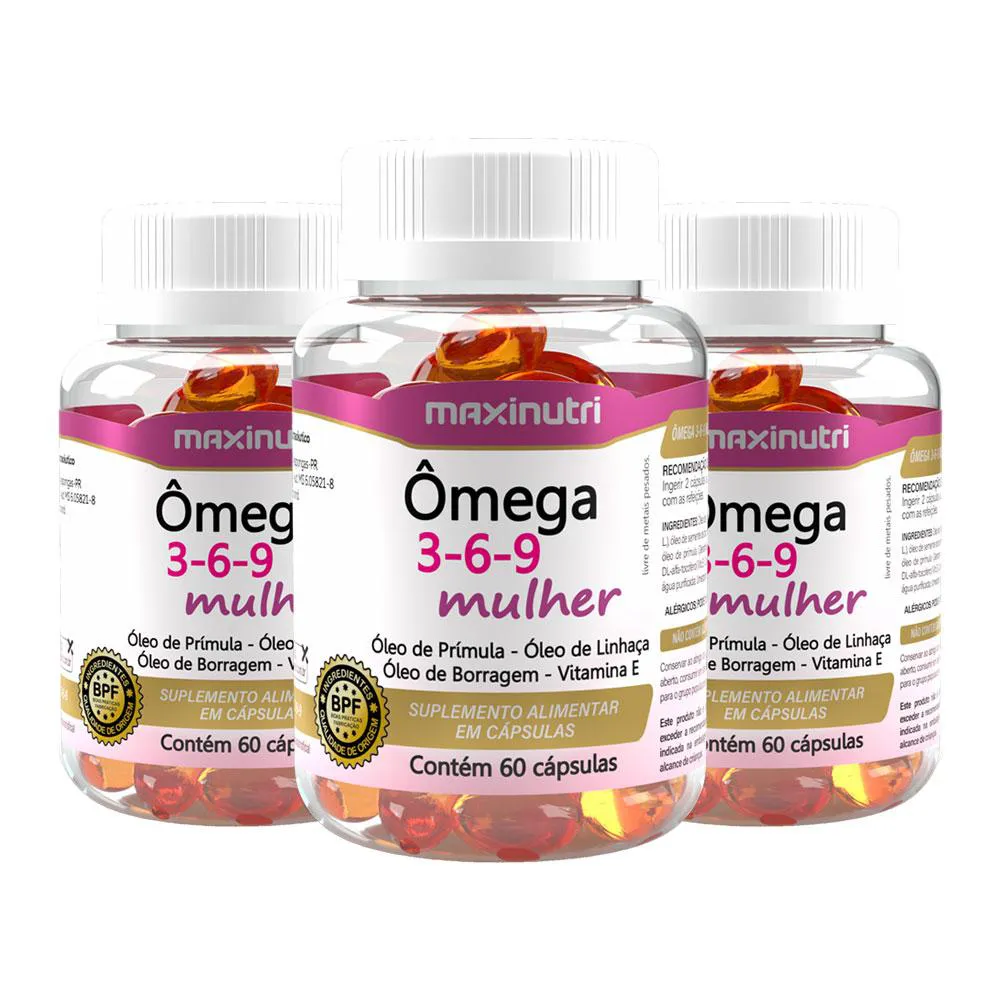 KIT 3 ÔMEGA 3-6-9 PRíMULA LINHAçA BORRAGEM VITAMINA E 60 CáPS MAXINUTRI