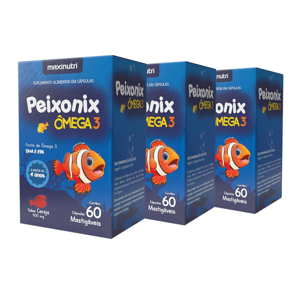 KIT 3 PEIXONIX ÔMEGA 3 KIDS INFANTIL MASTIGáVEL SABOR CEREJA 60 CáPS MAXINUTRI