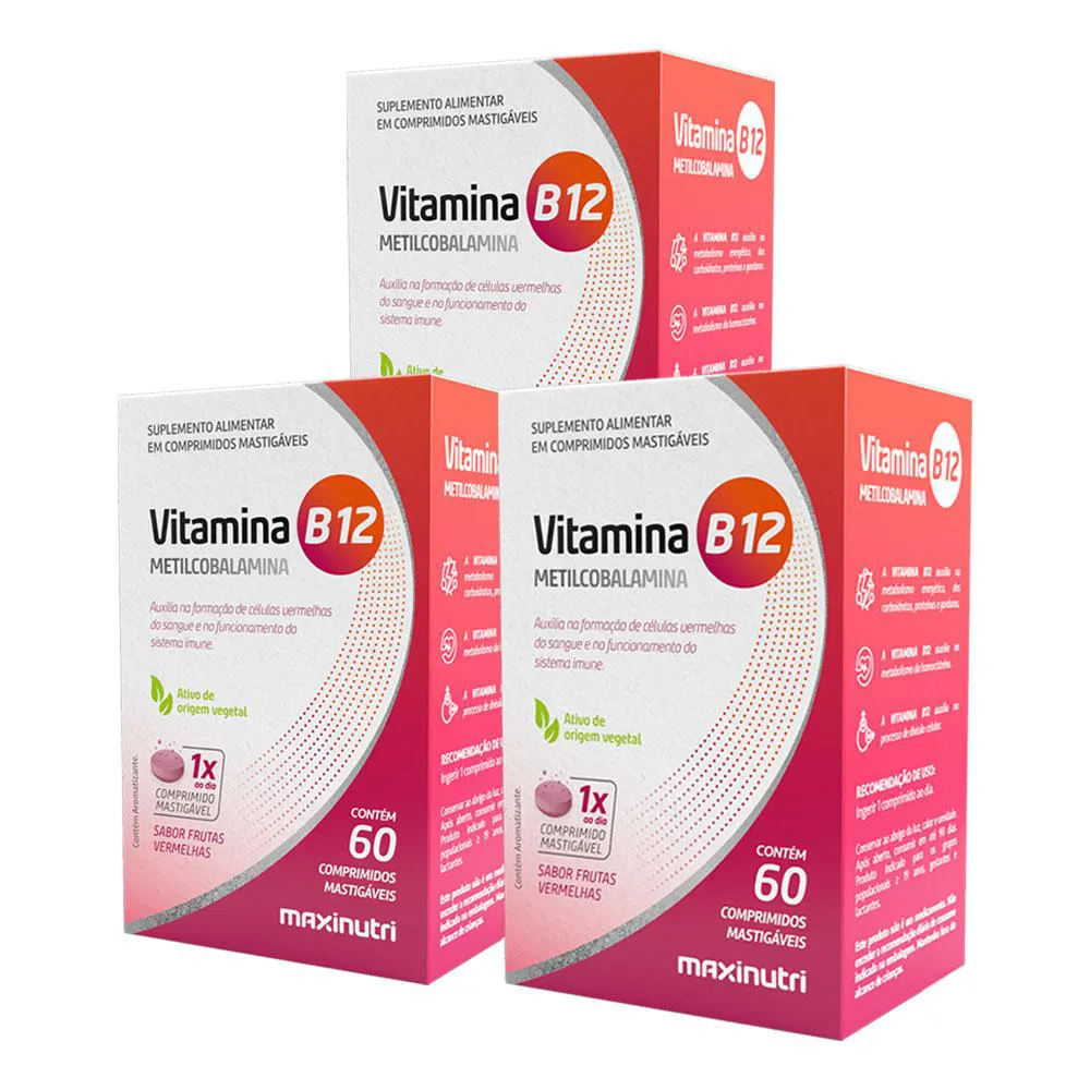 KIT 3 VITAMINA B-12 METILCOBALAMINA MASTIGáVEL 60 COMPRIMIDOS MAXINUTRI