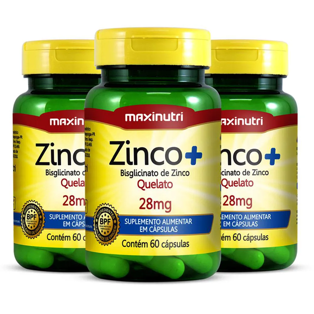 KIT 3 ZINCO+ BISGLICINATO DE ZINCO QUELATO 28MG 60 CáPS MAXINUTRI