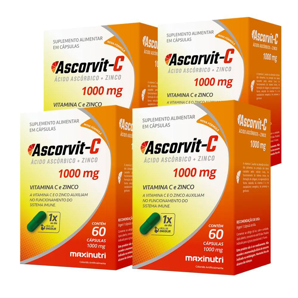 KIT 4 ASCORVIT ÁCIDO ASCóRBICO VITAMINA C E ZINCO 60 CáPULAS MAXINUTRI