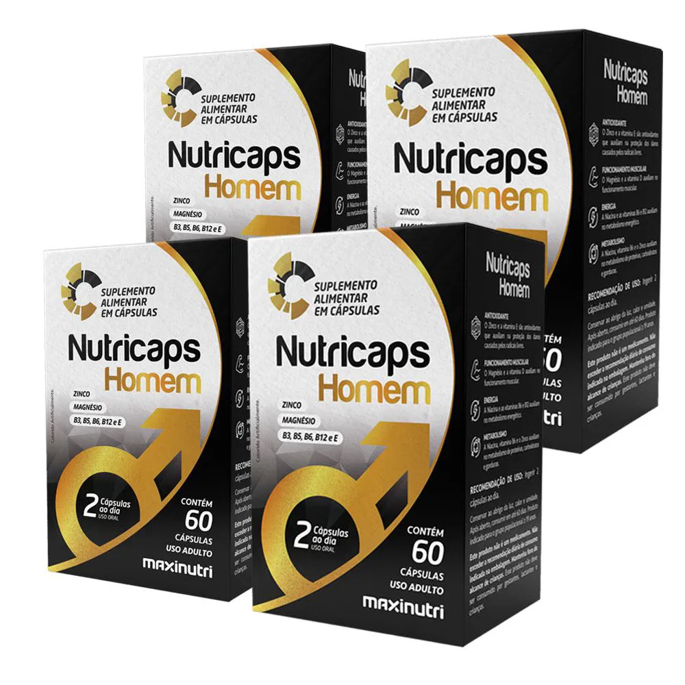 KIT 4 NUTRICAPS HOMEM ZINCO MAGNéSIO E VITAMINAS 60 CáPS MAXINUTRI