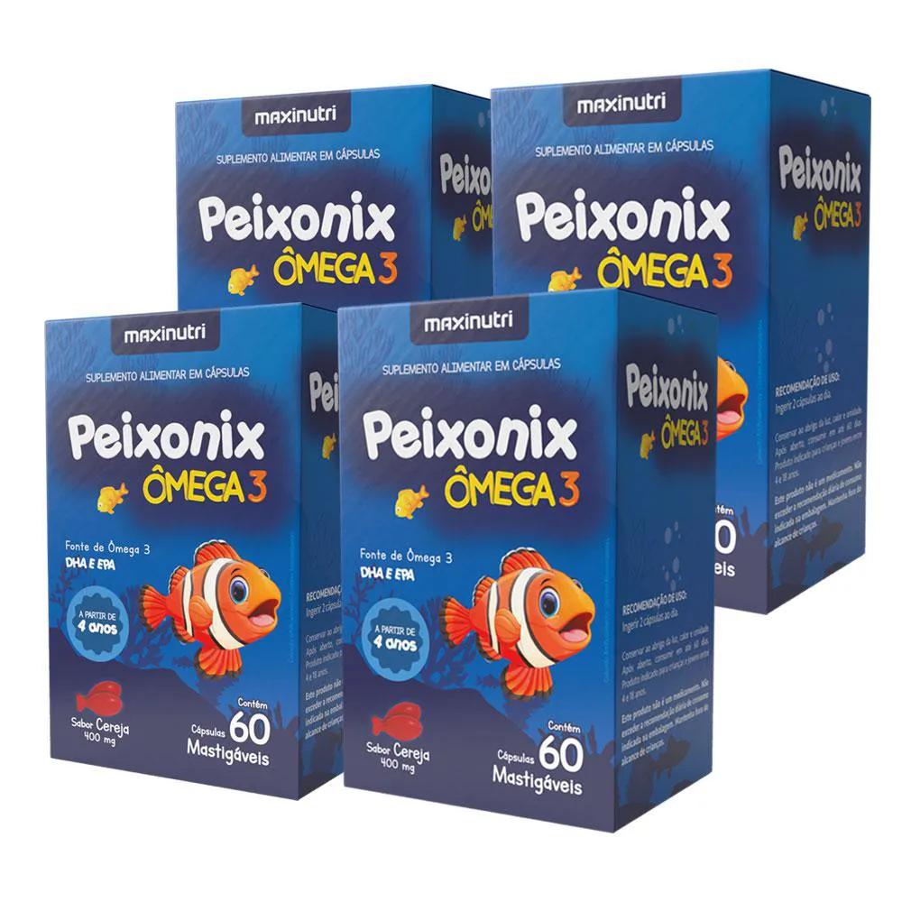 KIT 4 PEIXONIX ÔMEGA 3 KIDS INFANTIL MASTIGáVEL SABOR CEREJA 60 CáPS MAXINUTRI