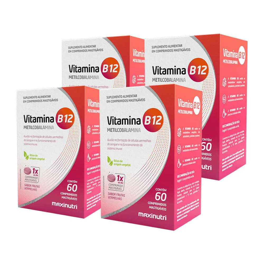 KIT 4 VITAMINA B-12 METILCOBALAMINA MASTIGáVEL 60 COMPRIMIDOS MAXINUTRI