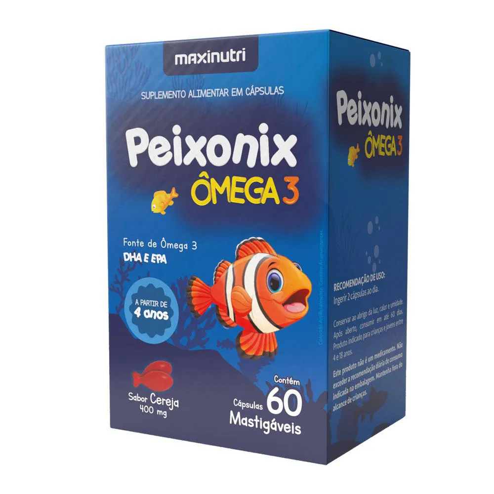 PEIXONIX ÔMEGA 3 KIDS INFANTIL MASTIGáVEL SABOR CEREJA 60 CáPS MAXINUTRI