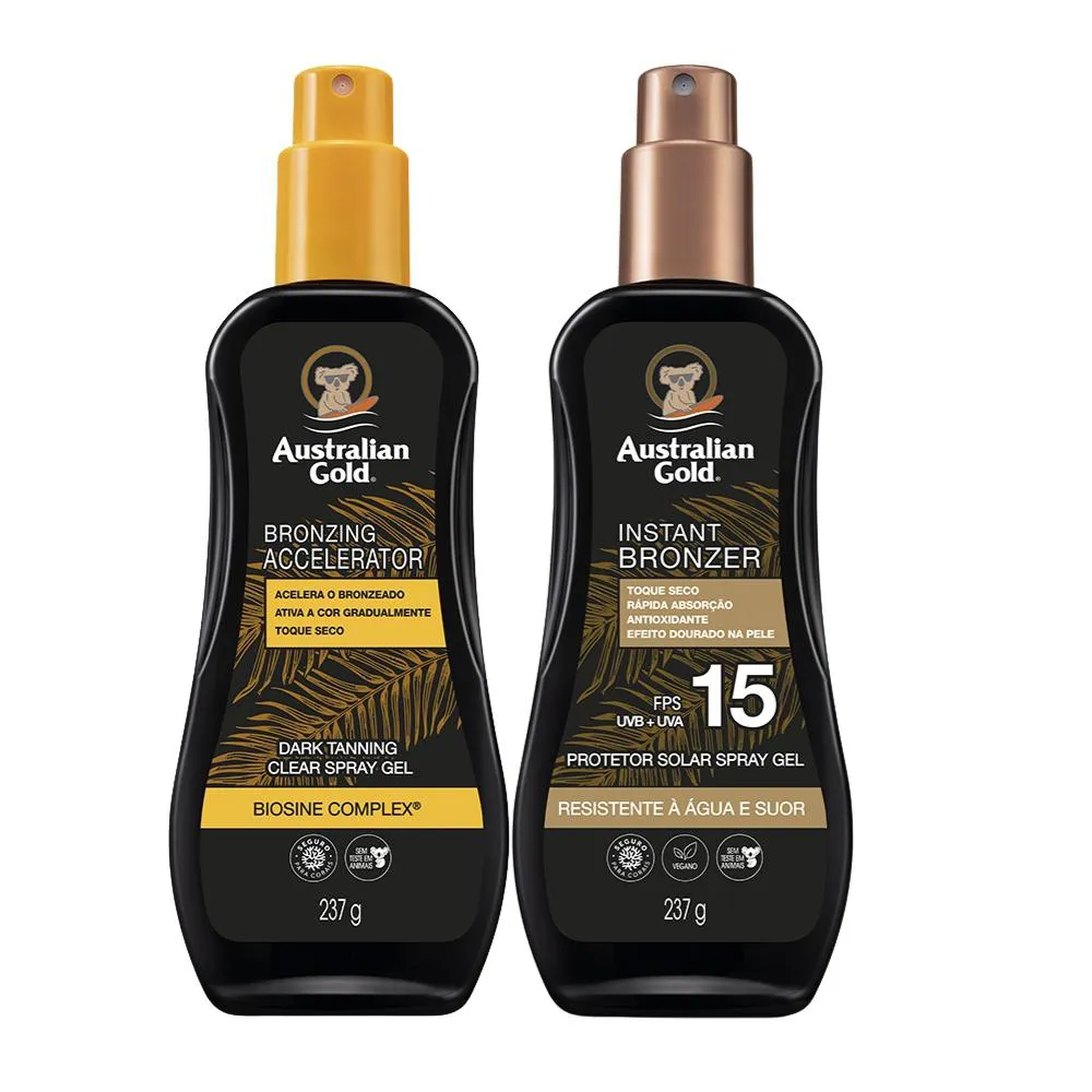 KIT ACELERADOR DARK AG TANNING + PROTETOR SOLAR SPRAY FPS15 AUSTRALIAN GOLD 237G