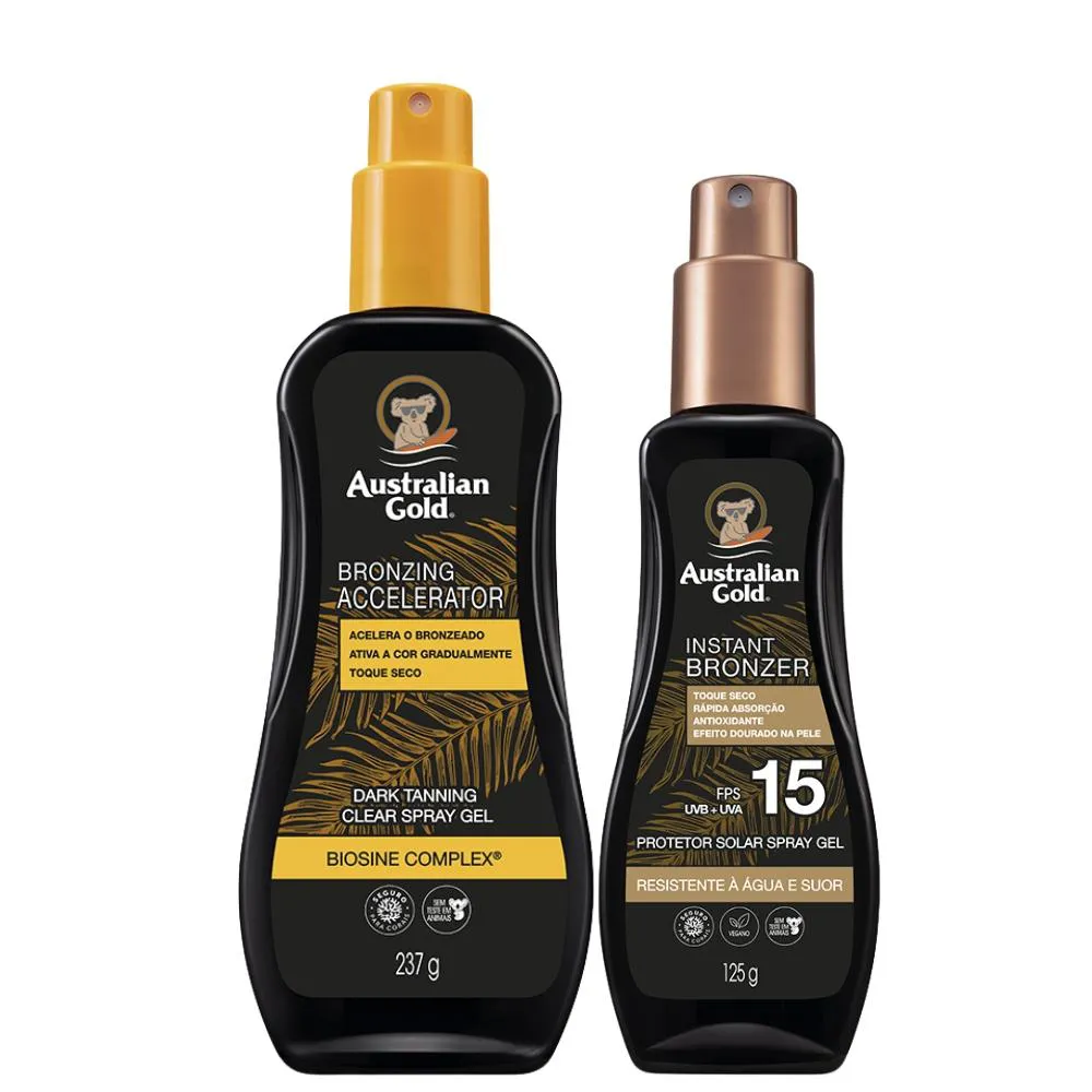 KIT ACELERADOR DARK AG TANNING 237G + PROTETOR SOLAR  SPRAY FPS15 AUSTRALIAN GOLD 125ML