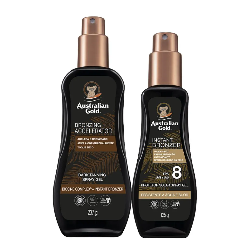 KIT ACELERADOR DARK AG TANNING 237G SPRAY GEL + PROTETOR SOLAR SPRAY FPS 8 AUSTRALIAN GOLD 125ML