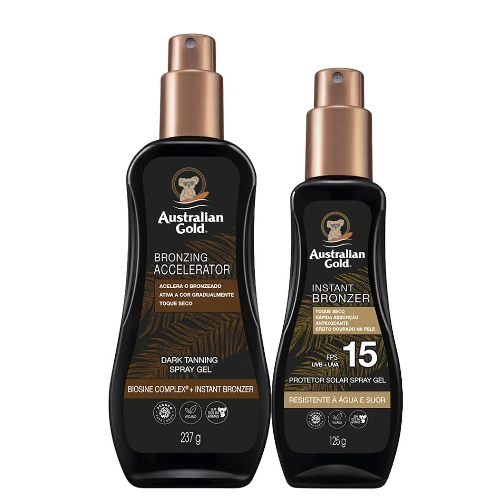 KIT ACELERADOR DARK AG TANNING 237G SPRAY GEL + PROTETOR SOLAR SPRAY FPS15 AUSTRALIAN GOLD 125ML