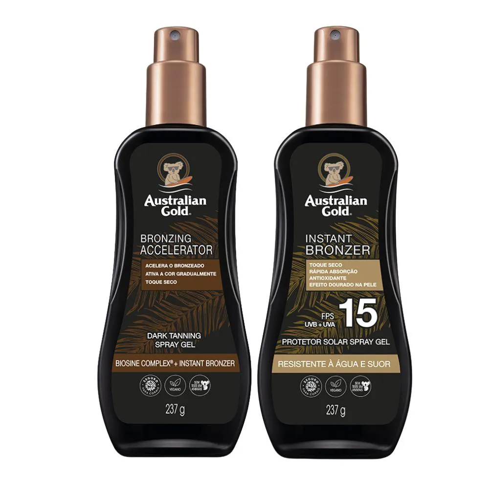 KIT ACELERADOR DARK AG TANNING 237G SPRAY GEL + PROTETOR SOLAR SPRAY FPS15 AUSTRALIAN GOLD 237ML