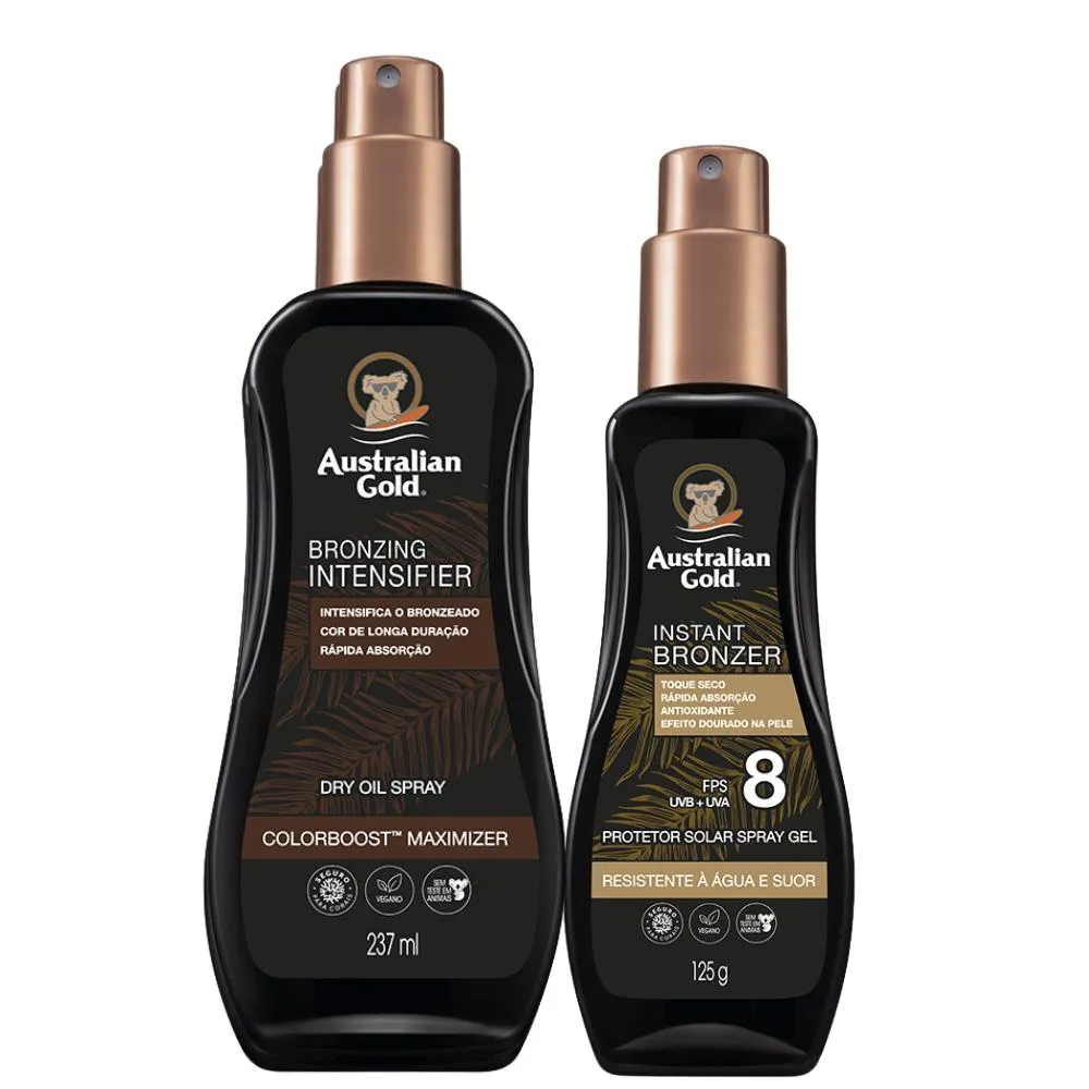 KIT ACELERADOR DARK AG TANNING 237G SPRAY OIL + PROTETOR SOLAR SPRAY FPS 8 AUSTRALIAN GOLD 125ML