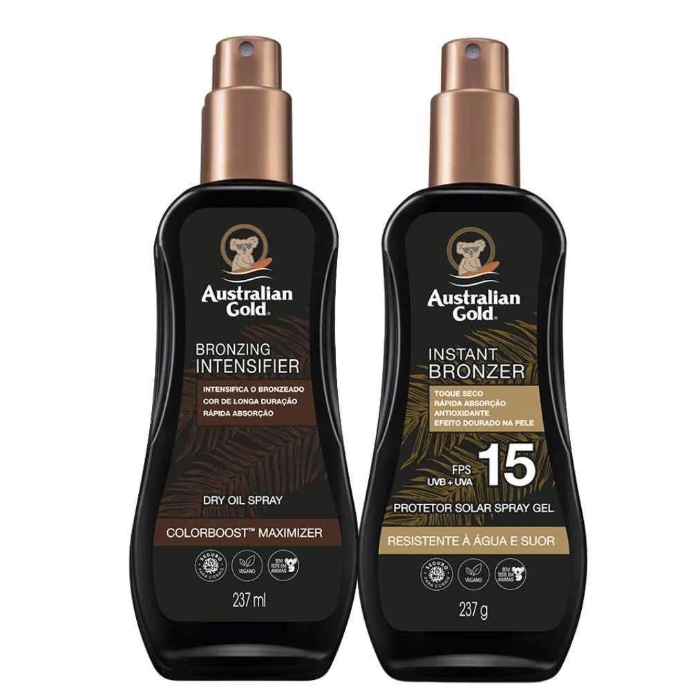 KIT ACELERADOR DARK AG TANNING 237G SPRAY OIL + PROTETOR SOLAR SPRAY FPS15 AUSTRALIAN GOLD 237ML