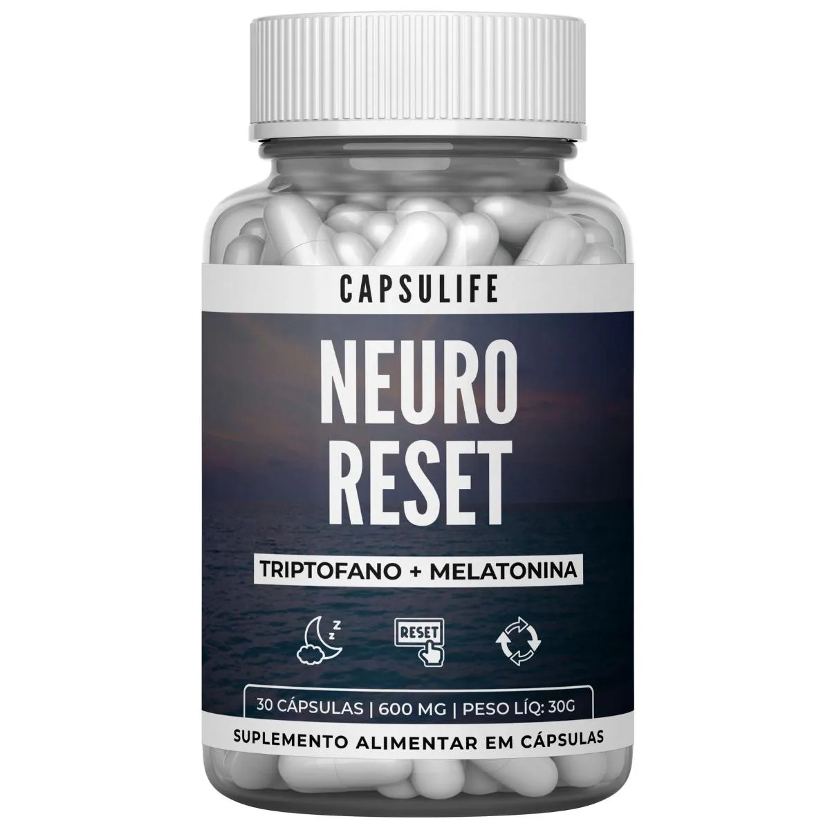 SUPLEMENTO NEURO RESET COM TRIPTOFANO + MELATONINA 30 CáPSULAS Neutro