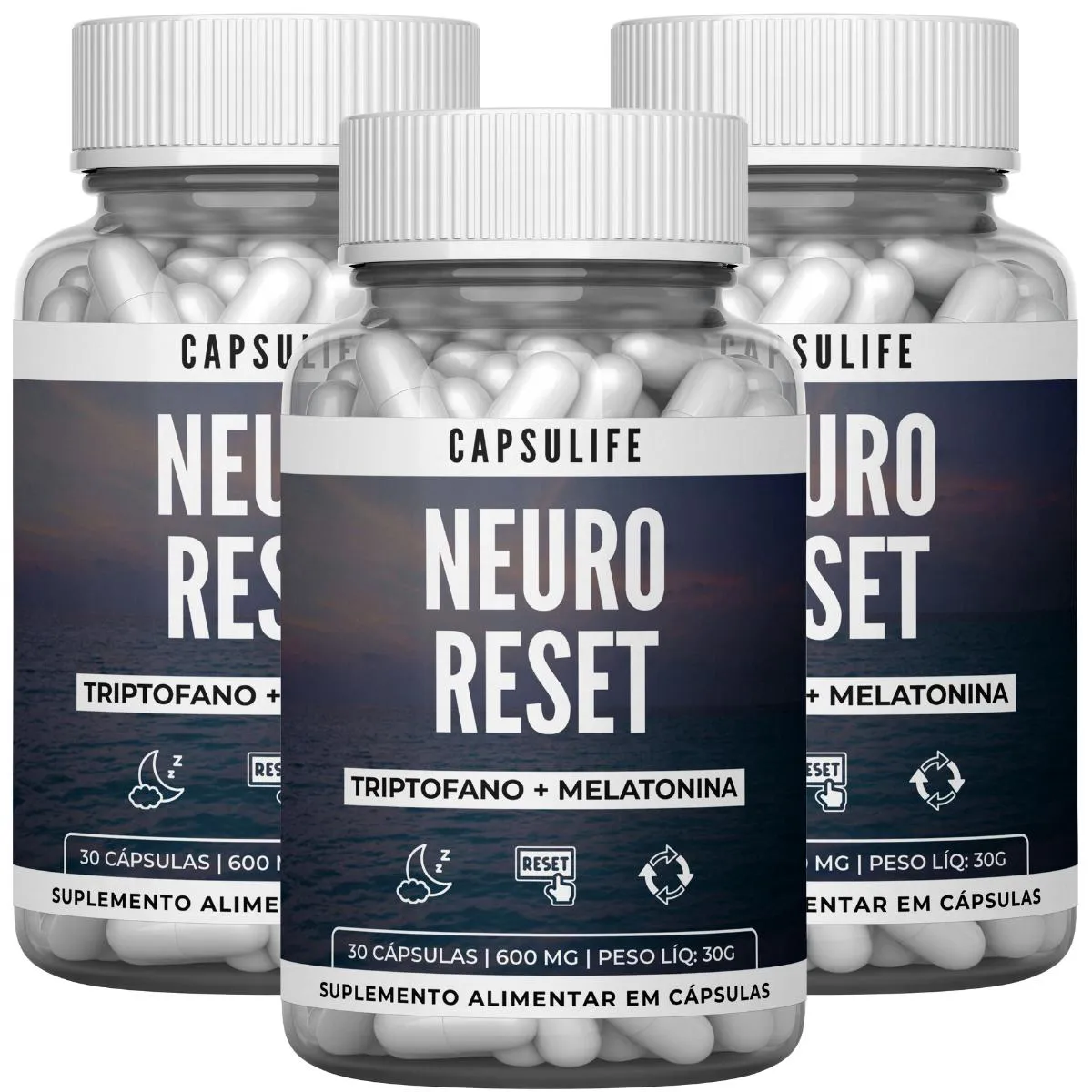 3 SUPLEMENTO NEURO RESET COM TRIPTOFANO + MELATONINA 90 CáPSULAS Neutro