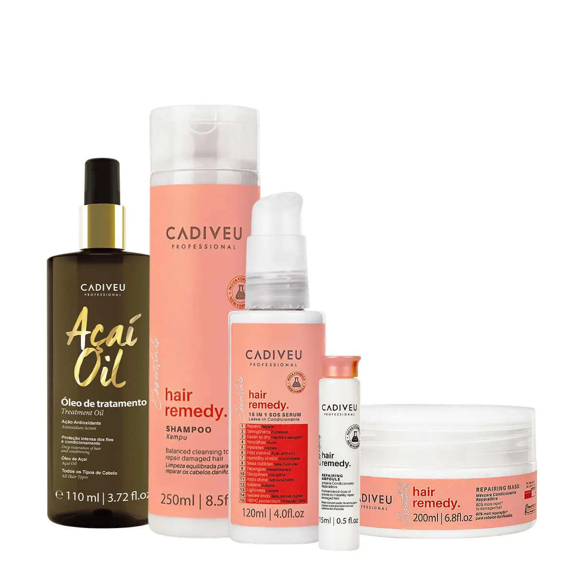 KIT CADIVEU ESSENTIALS HAIR REMEDY SHAMPOO MáSCARA LEAVE-IN SéRUM AMPOLA E AçAí OIL 110 (5 PRODUTOS)