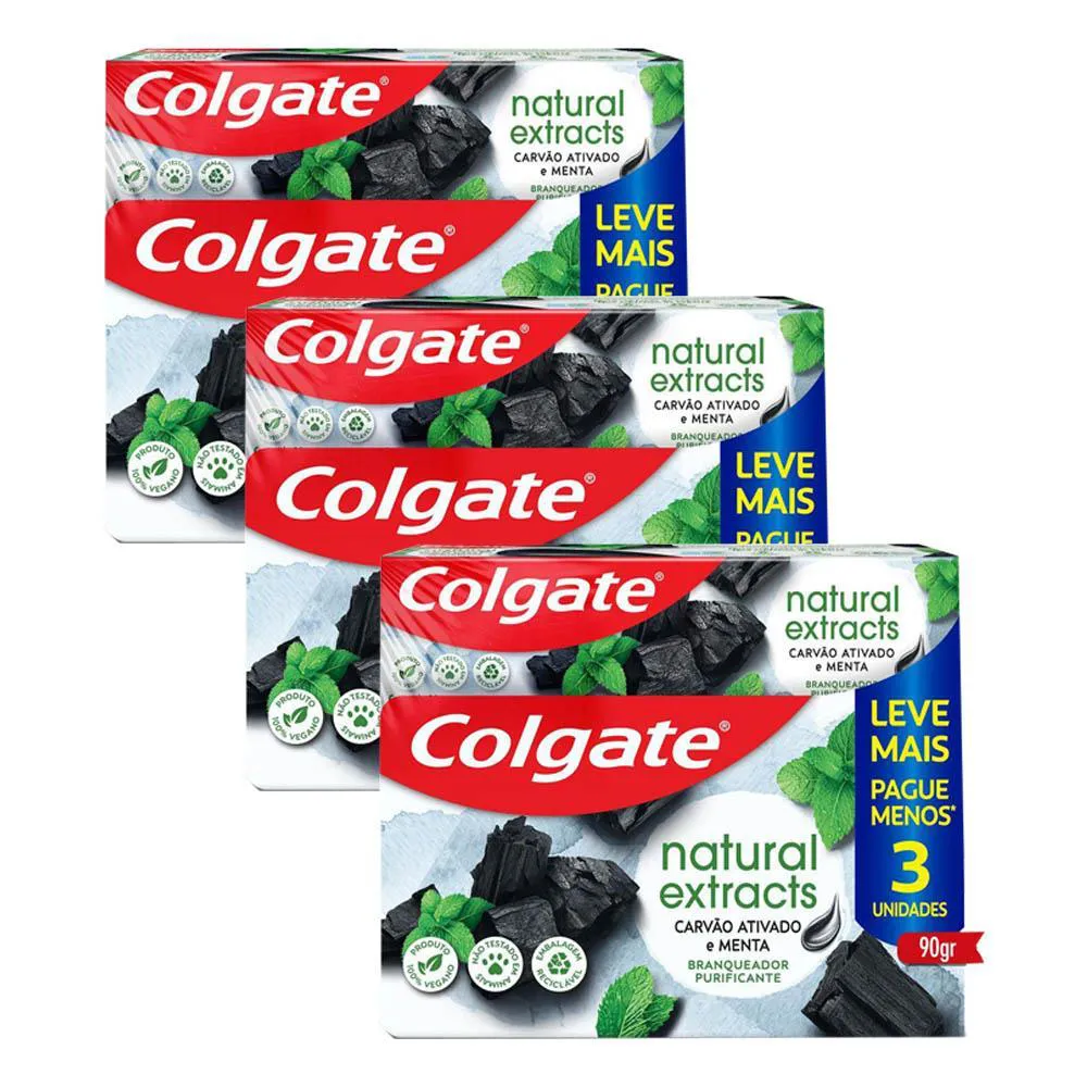 KIT 3 PACK CREME DENTAL COLGATE NATURAL EXTRACTS CARVãO ATIVADO E MENTA 90G