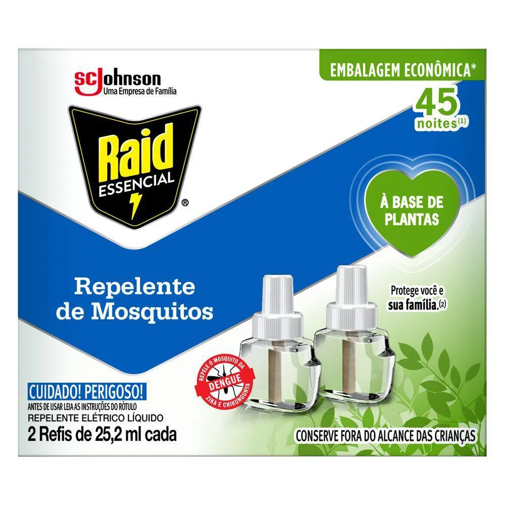 REPELENTE ELéTRICO LíQUIDO RAID 45 NOITES à BASE DE PLANTAS ESSENCIAL CAIXA 2 UNIDADES 25,2ML CADA REFIL EMBALAGEM ECONôMICA
