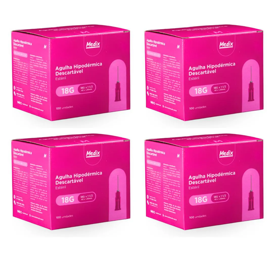 KIT AGULHA DESCARTáVEL HIPODéRMICA 40×1,2 18G 400UN – MEDIX