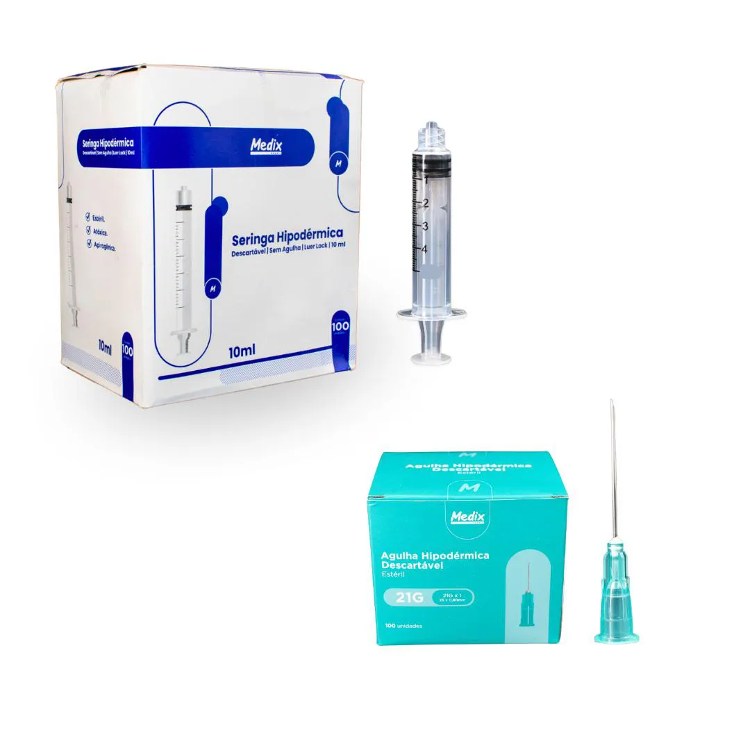KIT SERINGA HIPODéRMICA 10ML + AGULHA 21G VERDE (25×0,8) C/100 – MEDIX