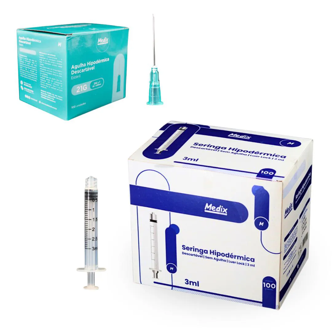KIT SERINGA HIPODéRMICA 3ML LUER LOCK + AGULHA 21G (25X0,8) C/100 - MEDIX