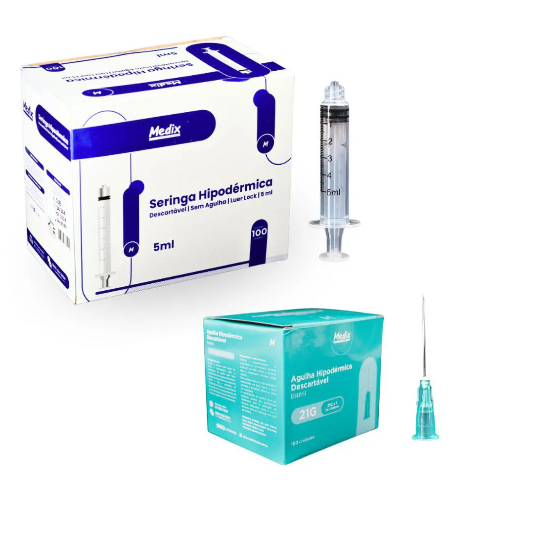 KIT SERINGA HIPODéRMICA 5ML + AGULHA 21G VERDE (25X0,8) C/100 - MEDIX