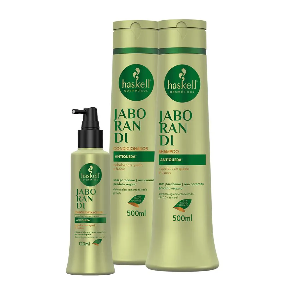 KIT JABORANDI ANTIQUEDA HASKELL SHAMPOO E CONDICIONADOR 500ML + TôNICO FORTALECEDOR