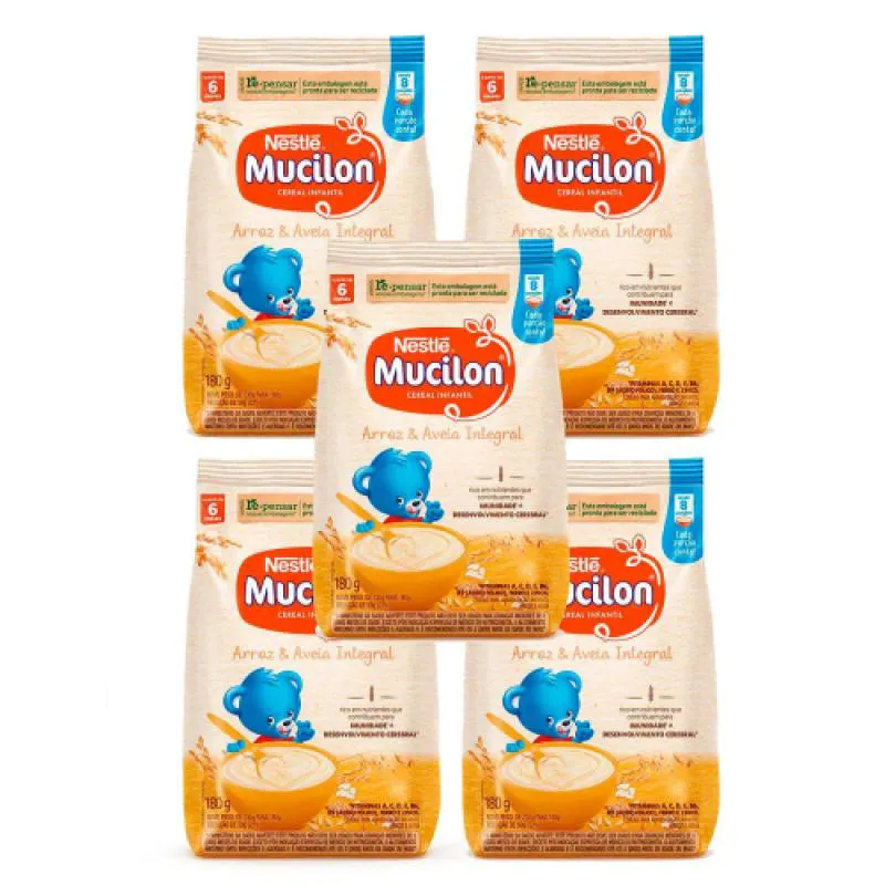 KIT 5 MUCILON ARROZ E AVEIA INTEGRAL CEREAL INFANTIL SACHê 180G