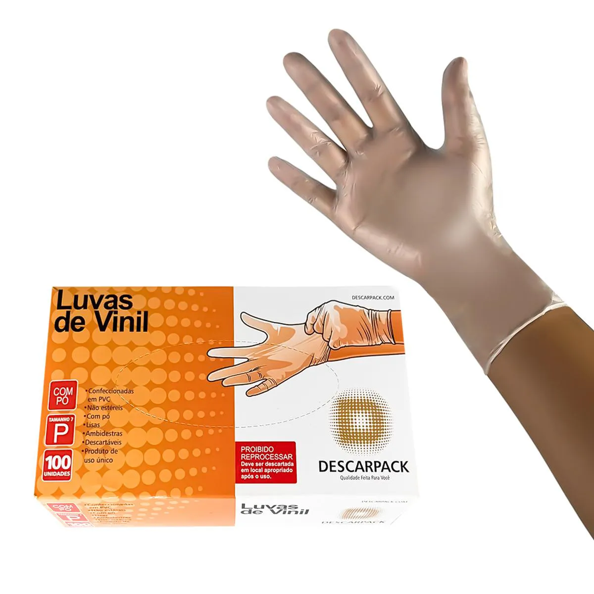 KIT LUVA DE VINIL TRANSPARENTE DESCARTÁVEL C/PÓ DESCARPACK 500UN TAM:G