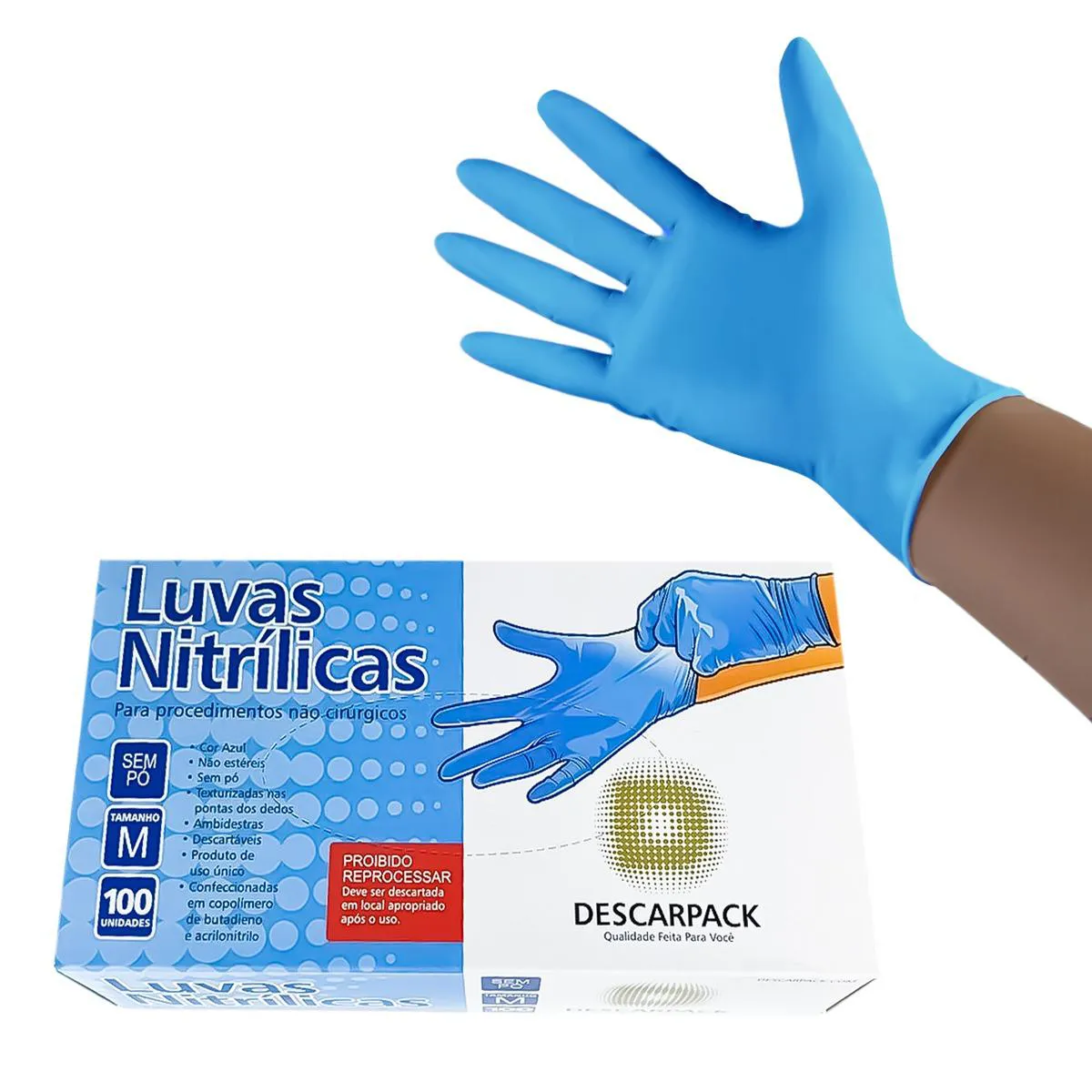 LUVA NITRÍLICA DESCARTÁVEL SEM PÓ AZUL DESCARPACK 100UN TAM:G