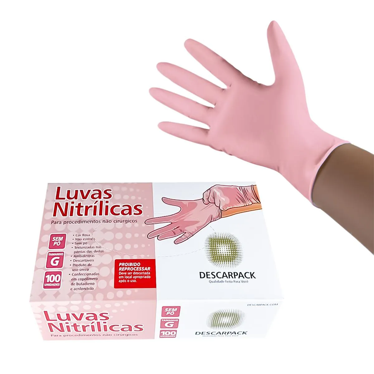 LUVA NITRÍLICA DESCARTÁVEL SEM PÓ ROSA DESCARPACK 100UN TAM:P