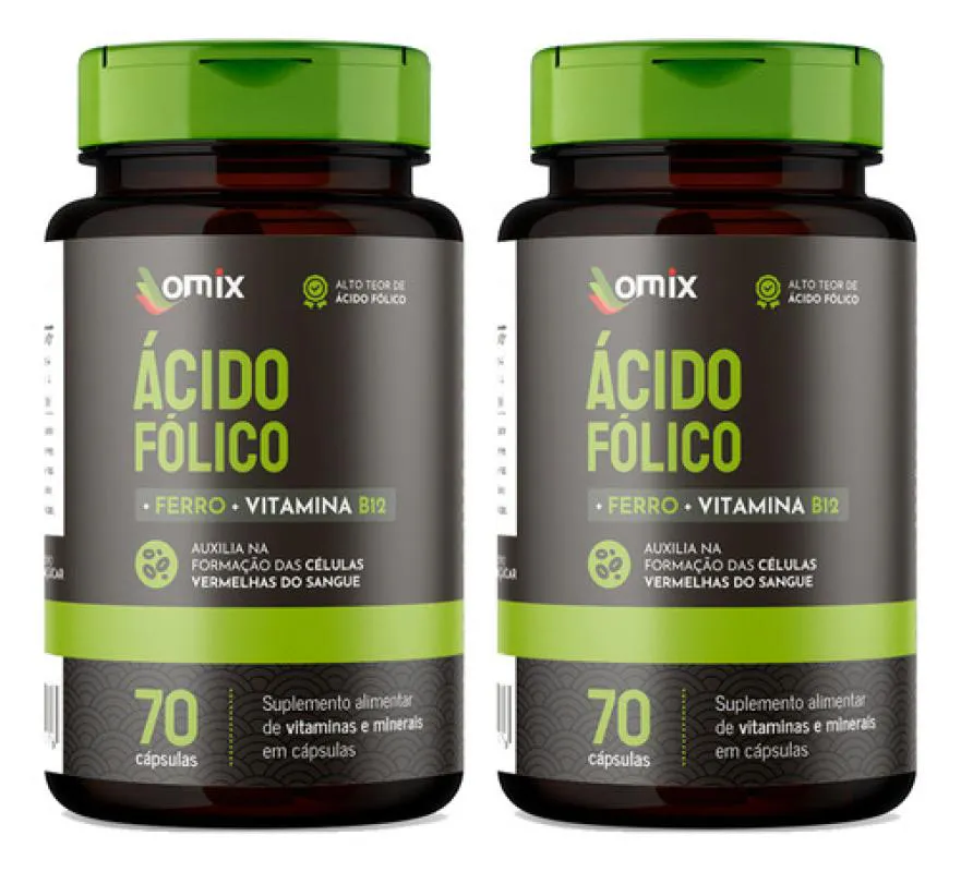 KIT 2 - ÁCIDO FóLICO, FERRO E VITAMINA B12 -70 CáPSULAS-OMIX