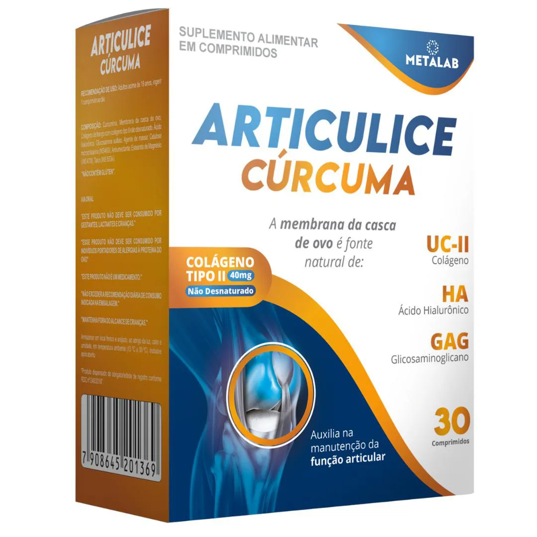 ARTICULICE CURCUMA 30 CP COLÁGENO, COLÁGENO TIPO 2, GLUCOSAMINOGLICANAS E ÁCIDO HIALURONICO