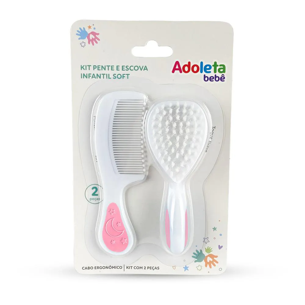 KIT PENTE E ESCOVA INFANTIL SOFT ROSA - ADOLETA