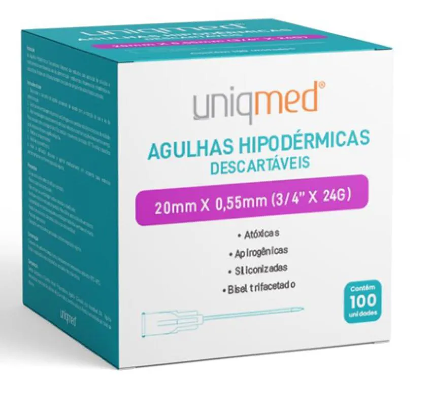 AGULHA DESCARTáVEL HIPODéRMICA (CAIXA COM 100 UNIDADES) - UNIQMED 20x055mm