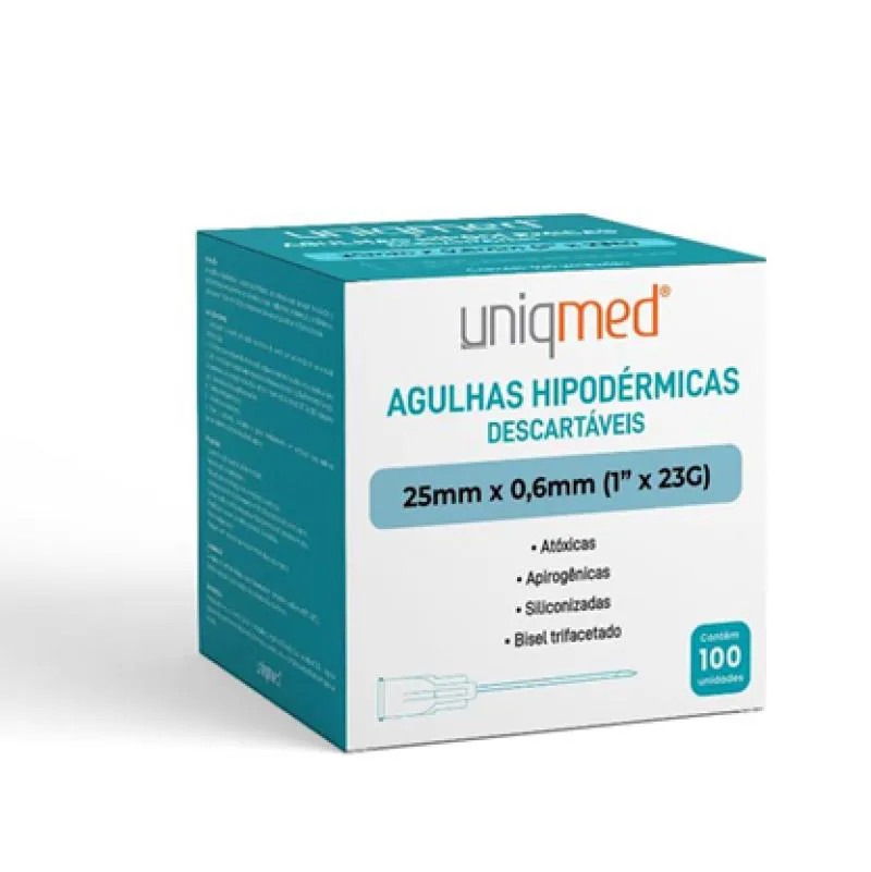 AGULHA DESCARTáVEL HIPODéRMICA (CAIXA COM 100 UNIDADES) - UNIQMED 25x06mm