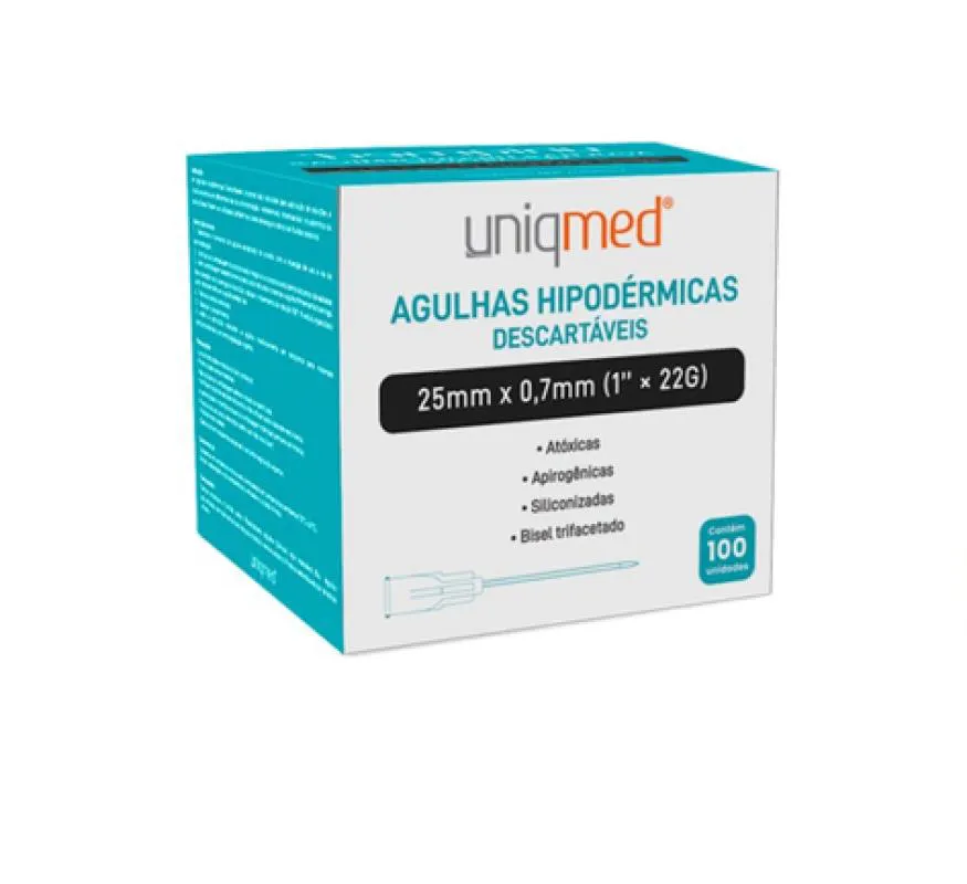 AGULHA DESCARTáVEL HIPODéRMICA (CAIXA COM 100 UNIDADES) - UNIQMED 25x07mm